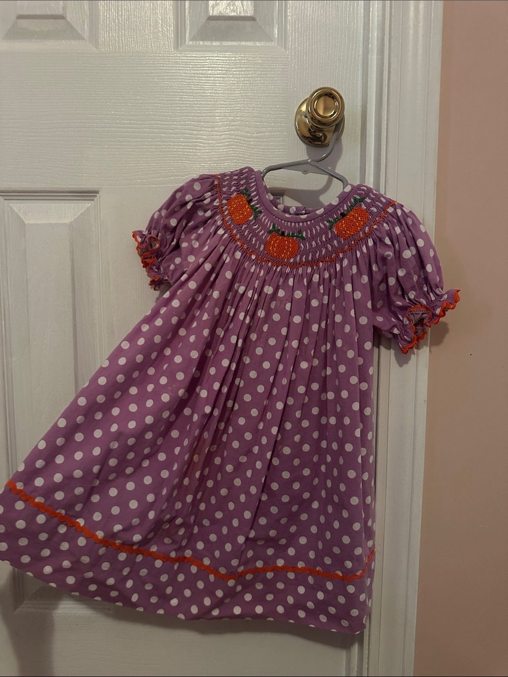 Girls Purple Polka Dot Smocked Dress with Orange Trim Halloween Bishop